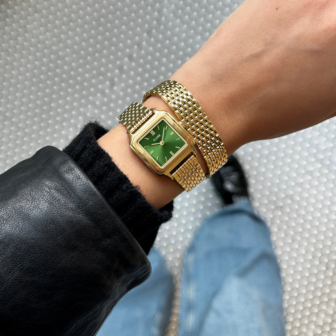 Montre Gracieuse Petite Double Acier, Vert Forêt, Couleur Or