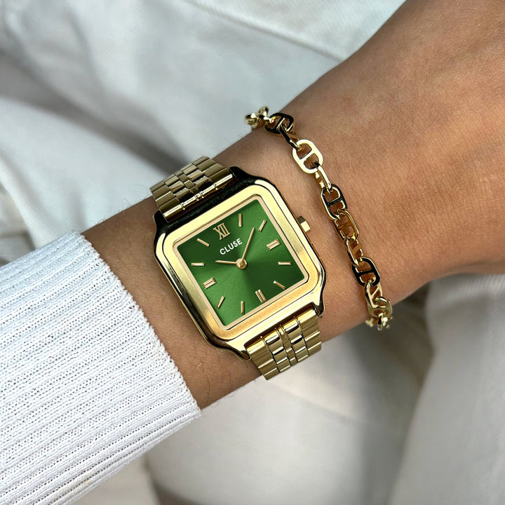 Montre Gracieuse Acier, Vert Forêt, Couleur Or
