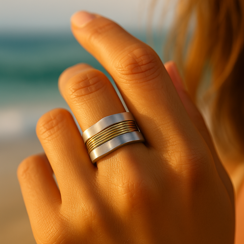 Bague en fils argentés et dorés