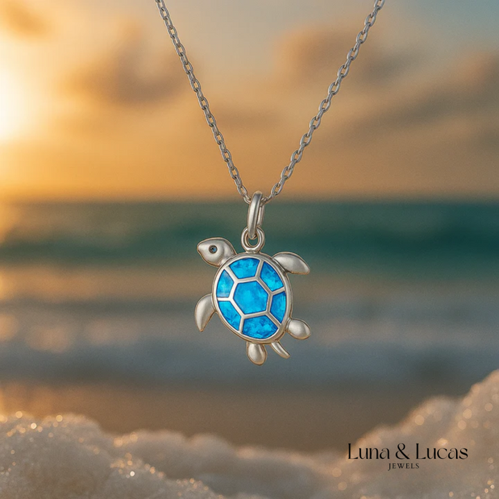 Collier en Argent avec Pendentif Tortue en Opaline Bleue