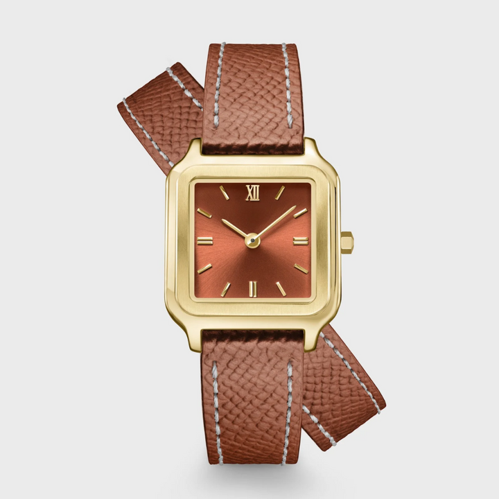 Gracieuse Petite Montre Double Cuir, Coquille, Couleur Or