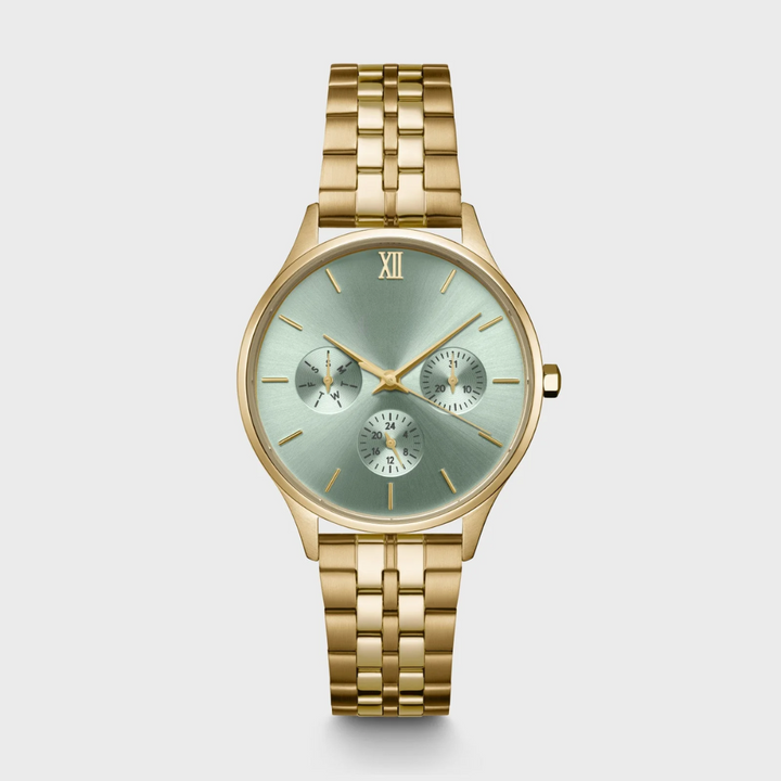 Montre Multifonction Minuit Acier, Vert Sauge, Couleur Or