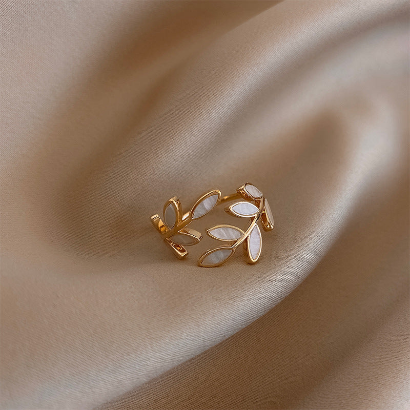 Pure – Adjustable Opal Leaf Ring in White