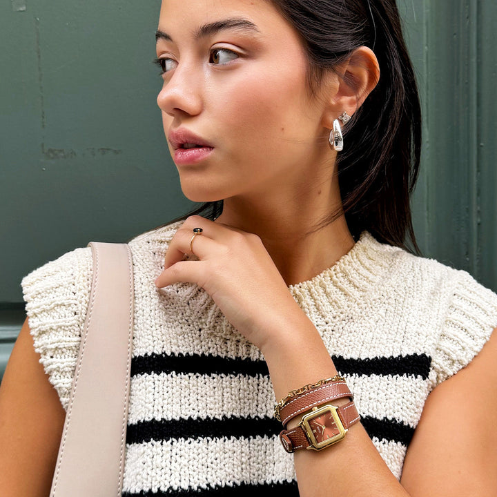 Gracieuse Petite Montre Double Cuir, Coquille, Couleur Or