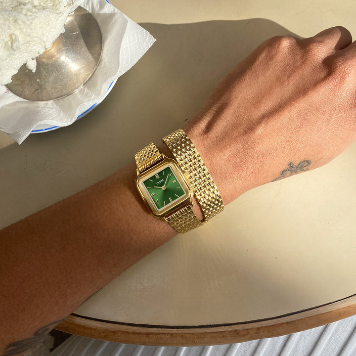 Montre Gracieuse Petite Double Acier, Vert Forêt, Couleur Or